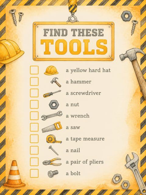 Scavenger hunt in the Watercolor Construction Tools 10th Birthday design