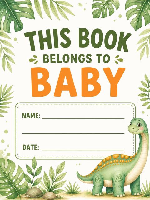 Books for baby bookplate in the Watercolor Dinosaur Earth Tone Baby Shower design