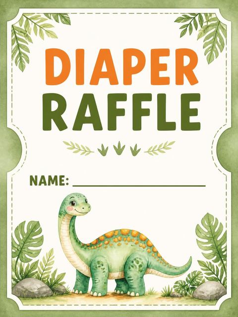 Diaper raffle ticket in the Watercolor Dinosaur Earth Tone Baby Shower design