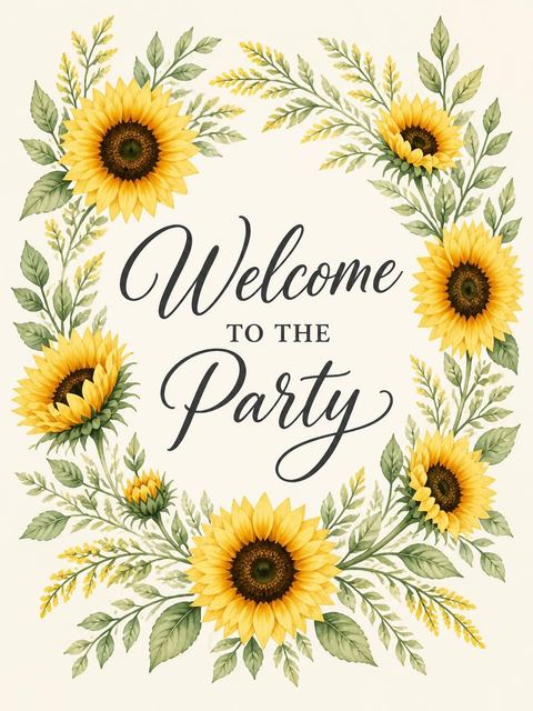Welcome sign in the Watercolor Sunflower Charcoal Monogram Birthday design
