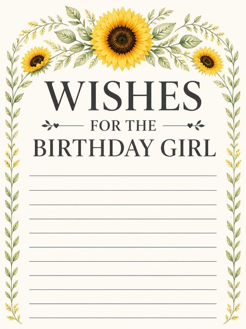Wishes page in the Watercolor Sunflower Charcoal Monogram Birthday design