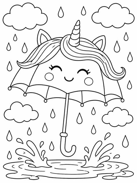 Coloring sheet in the Watercolor Unicorn Umbrella 5th Birthday Invitation design