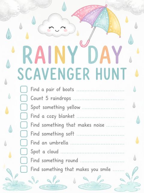 Scavenger hunt in the Watercolor Unicorn Umbrella 5th Birthday Invitation design