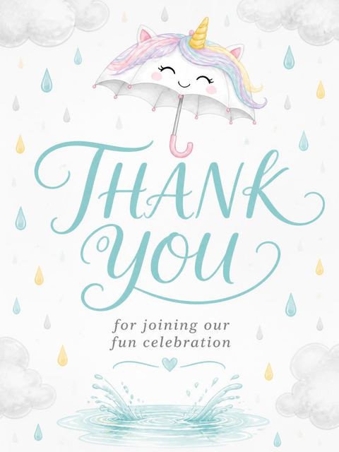 Thank-you flat in the Watercolor Unicorn Umbrella 5th Birthday Invitation design