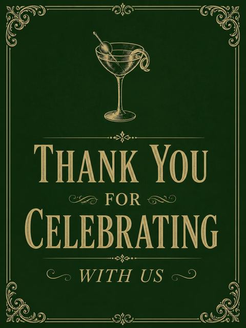 Thank-you flat in the Forest Green Gold Martini 60th Birthday design