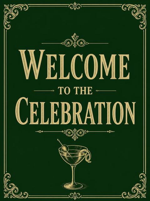 Welcome sign in the Forest Green Gold Martini 60th Birthday design