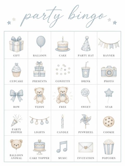 Bingo grid in the Sweet Teddy Bear First Birthday Invitation design