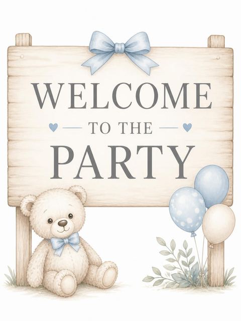 Welcome sign in the Sweet Teddy Bear First Birthday Invitation design