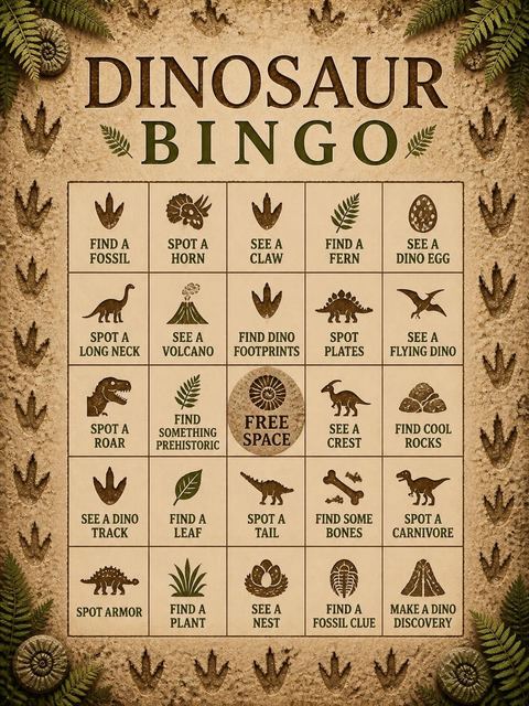 Bingo grid in the Stone Fossil Print 3rd Birthday design