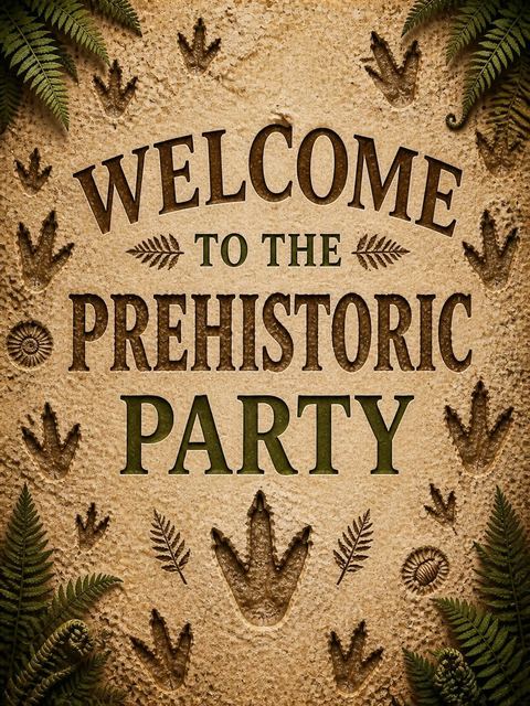 Welcome sign in the Stone Fossil Print 3rd Birthday design