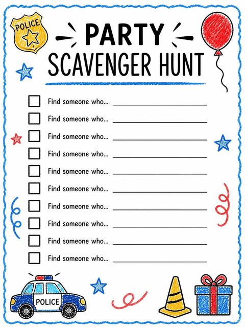 Scavenger hunt in the Crayon Police Badge 2nd Birthday design