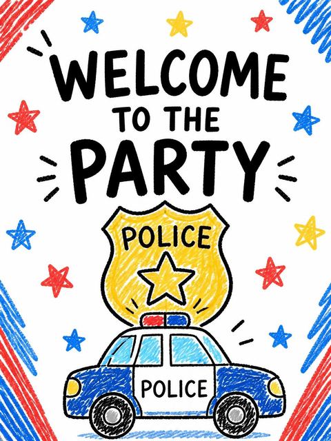 Welcome sign in the Crayon Police Badge 2nd Birthday design