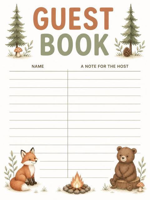 Guest sign-in sheet in the Watercolor Woodland Animal Campfire 5th Birthday design