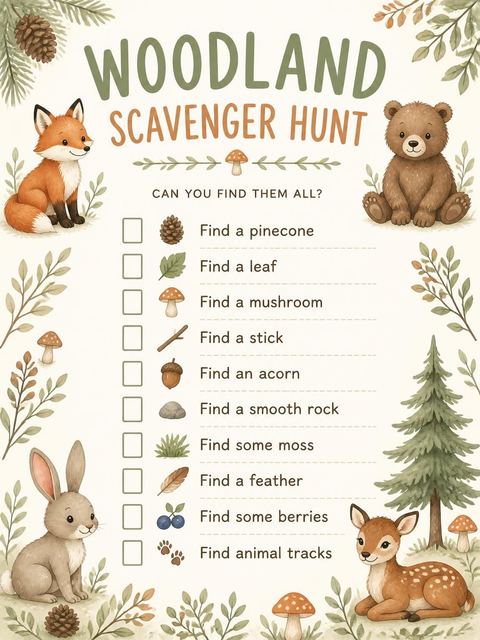 Scavenger hunt in the Watercolor Woodland Animal Campfire 5th Birthday design