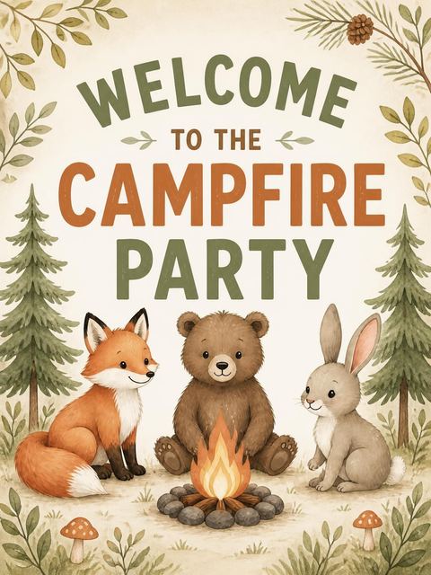 Welcome sign in the Watercolor Woodland Animal Campfire 5th Birthday design