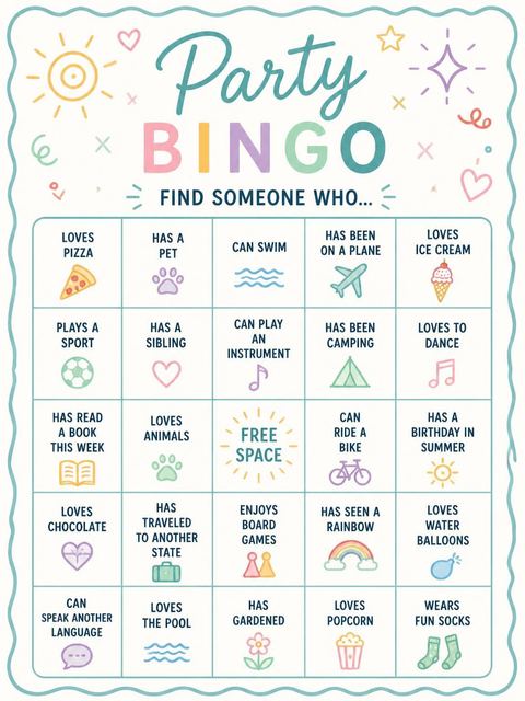 Bingo grid in the Teal Border Pool Party 15th Birthday design