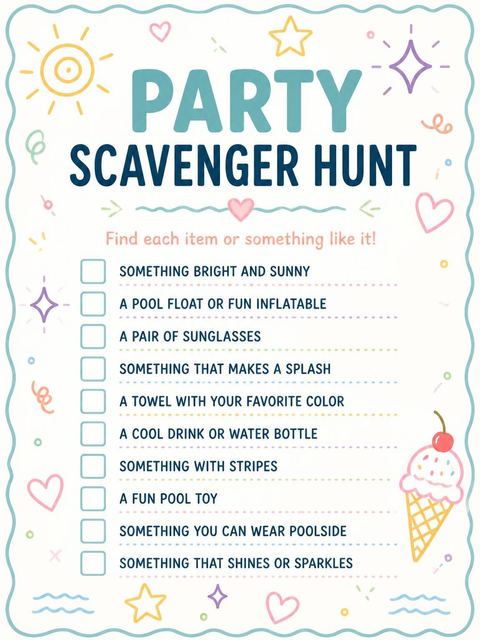 Scavenger hunt in the Teal Border Pool Party 15th Birthday design