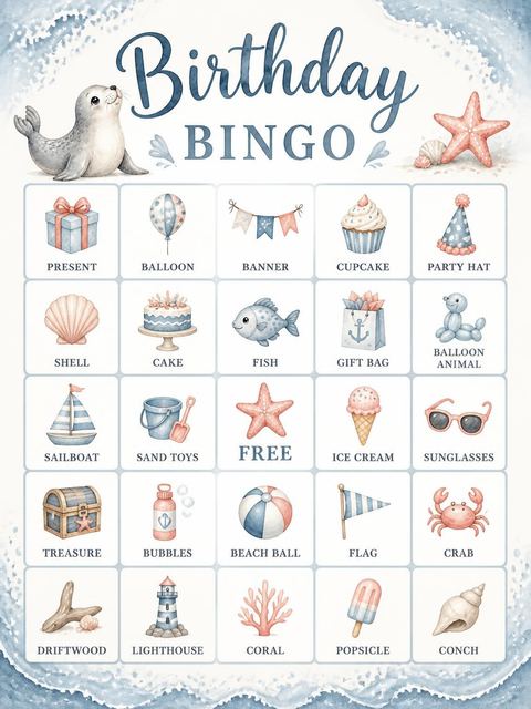 Bingo grid in the Watercolor Seal Beach 1st Birthday design