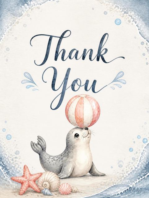 Thank-you flat in the Watercolor Seal Beach 1st Birthday design