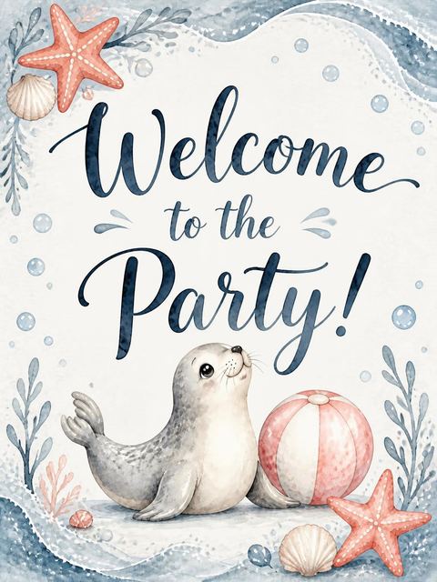 Welcome sign in the Watercolor Seal Beach 1st Birthday design