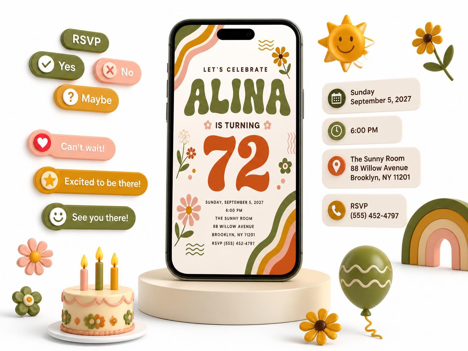 The Groovy Retro 72nd Birthday Invitation invitation on a phone, with guest RSVPs arriving around it
