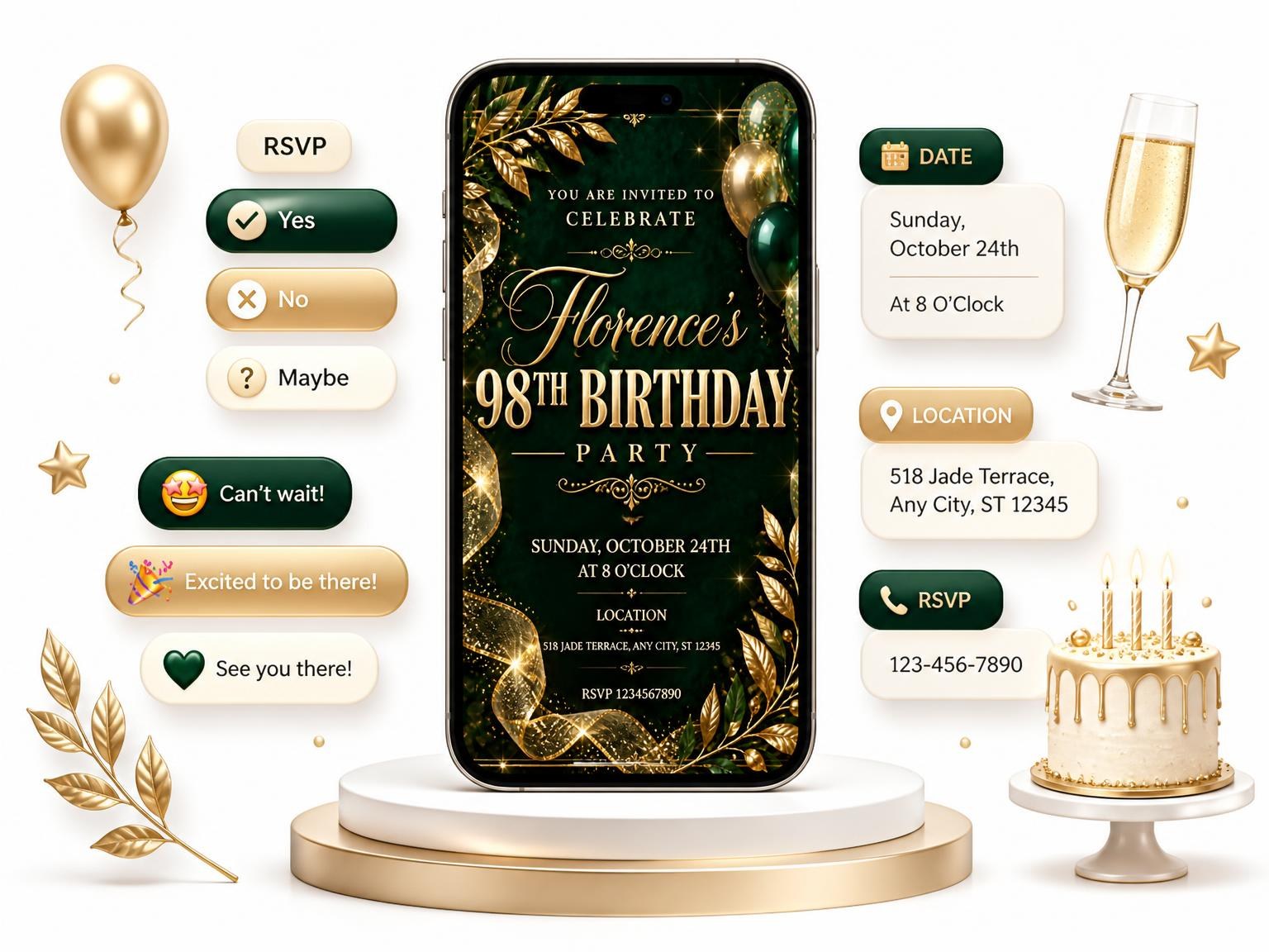 The Emerald and Champagne 98th Birthday Invitation invitation on a phone, with guest RSVPs arriving around it