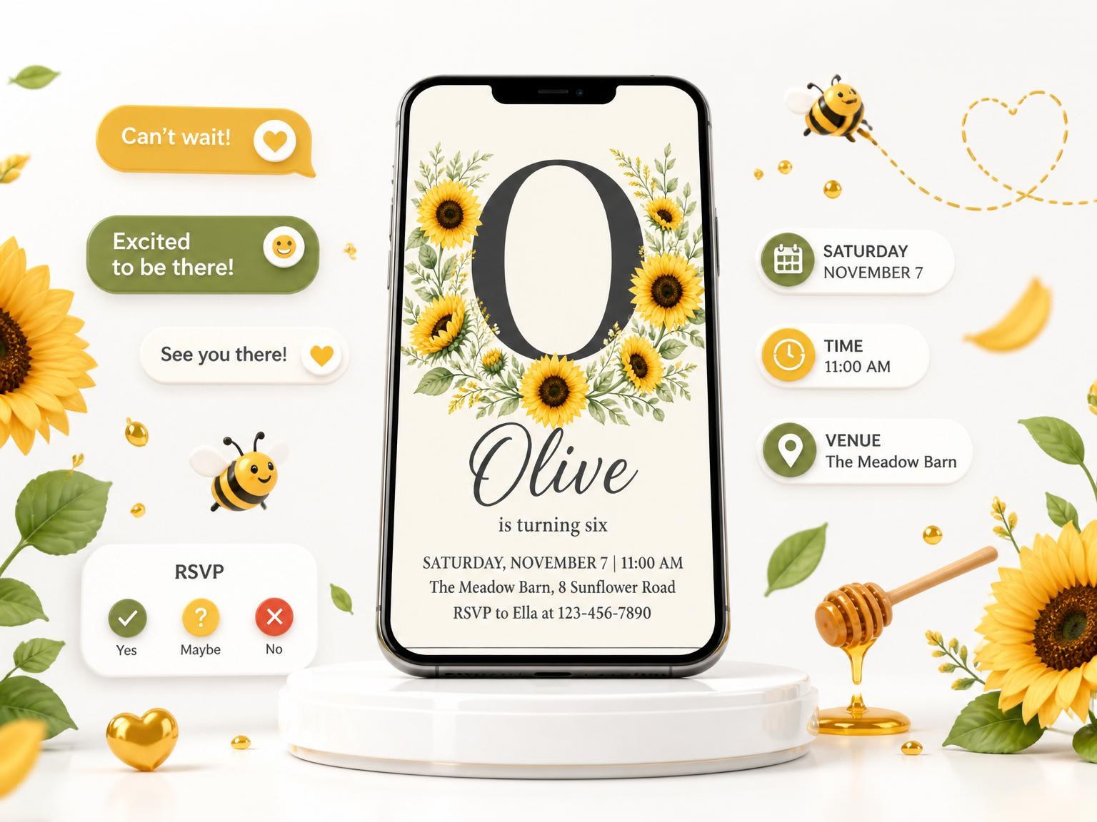 The Watercolor Sunflower Monogram 6th Birthday Invitation invitation on a phone, with guest RSVPs arriving around it