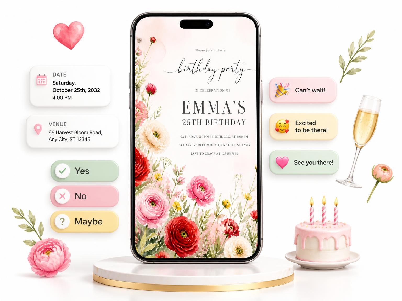 The Botanical Meadow Scarlet 25th Birthday Invitation invitation on a phone, with guest RSVPs arriving around it