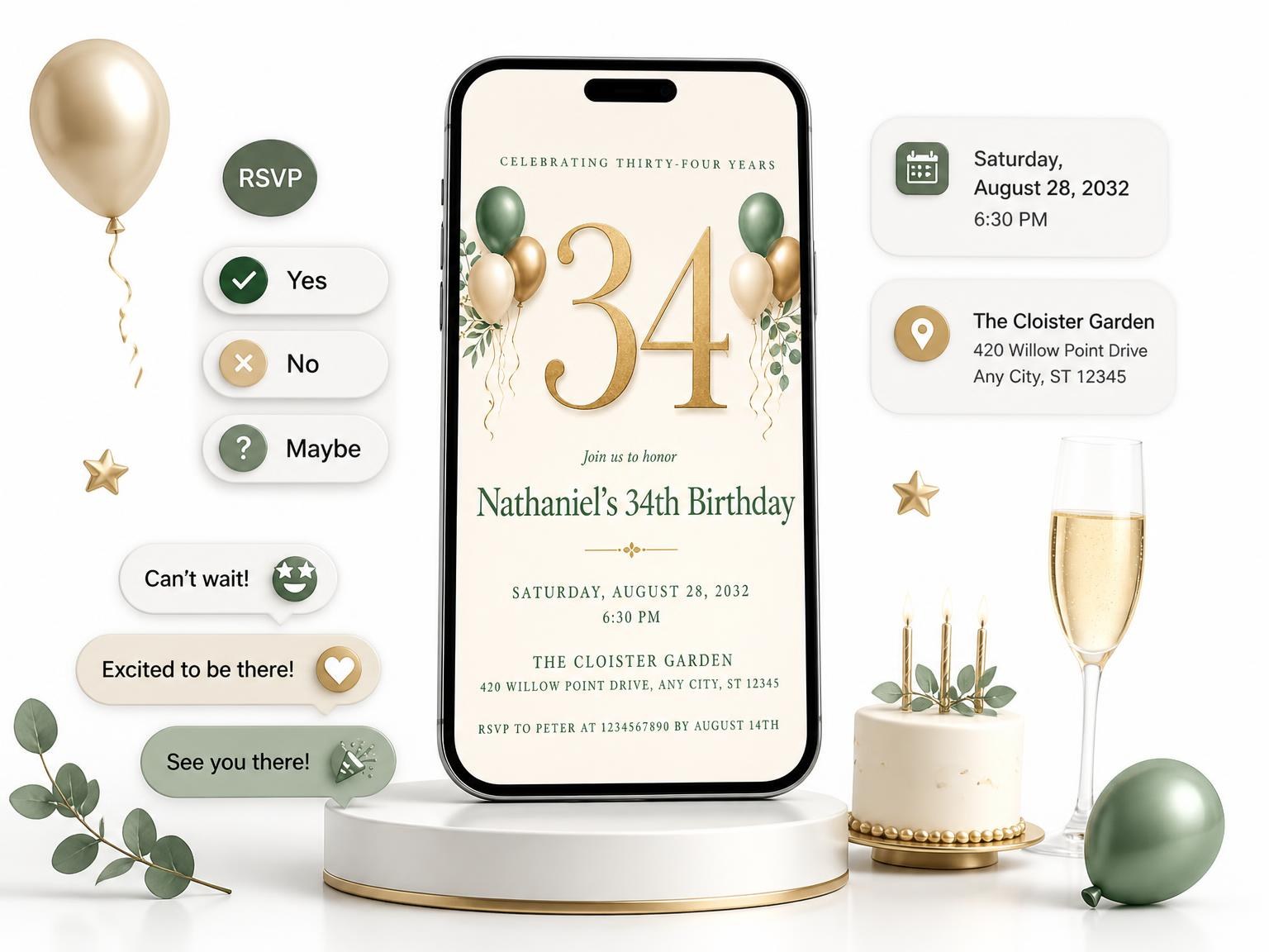 The Sage and Ivory 34th Birthday Invitation invitation on a phone, with guest RSVPs arriving around it