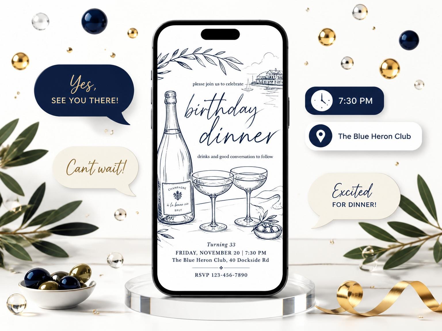 The Navy Ink Champagne Coastal 33rd Birthday invitation on a phone, with guest RSVPs arriving around it