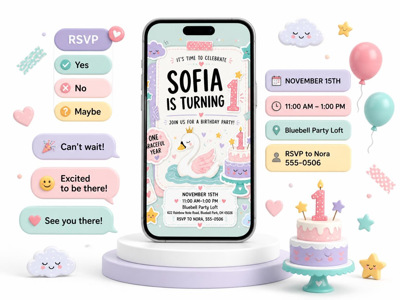 The Pastel Swan Princess 1st Birthday Invitation invitation on a phone, with guest RSVPs arriving around it