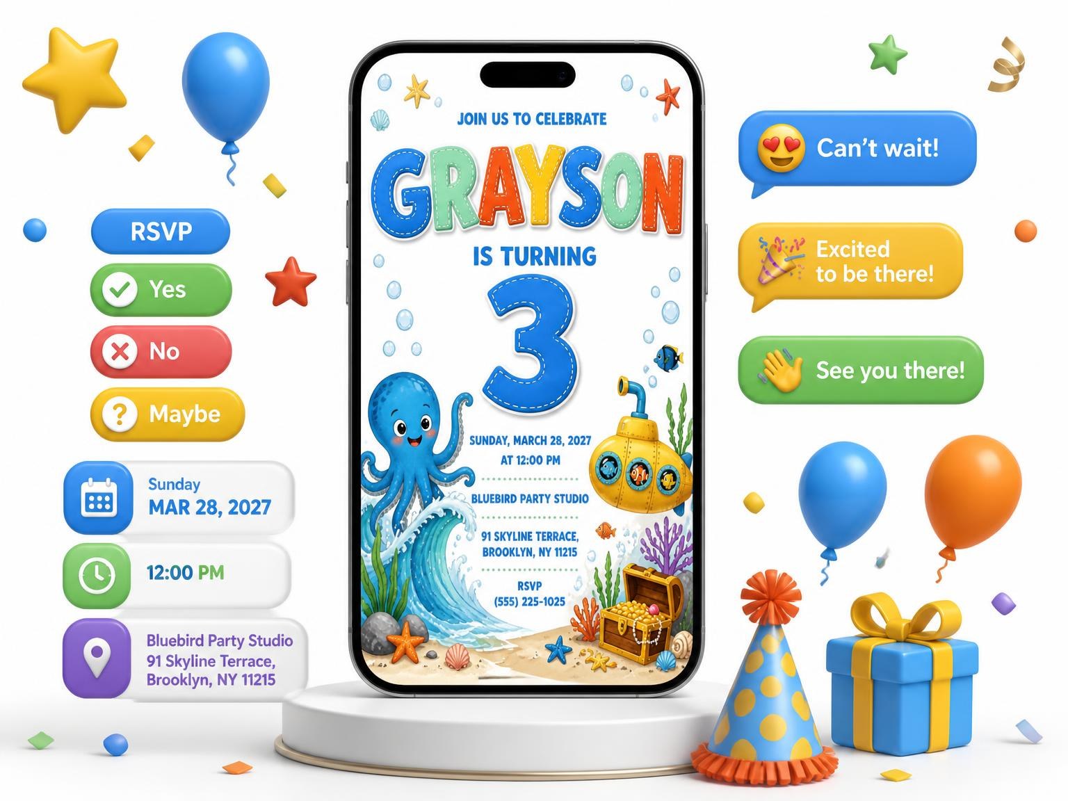 The Yellow Submarine 3rd Birthday Invitation invitation on a phone, with guest RSVPs arriving around it