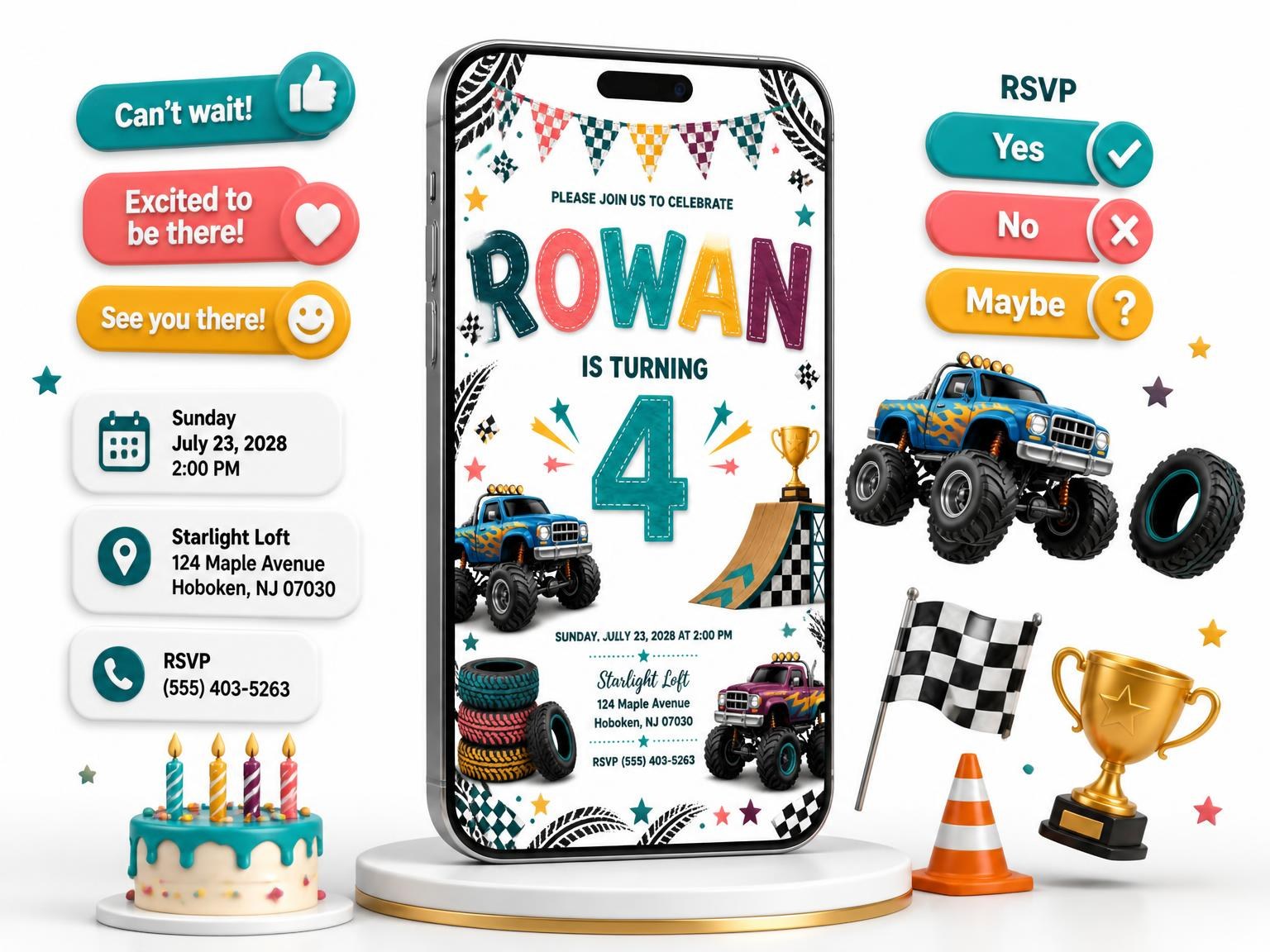 The Stitched Monster Truck 4th Birthday Invitation invitation on a phone, with guest RSVPs arriving around it