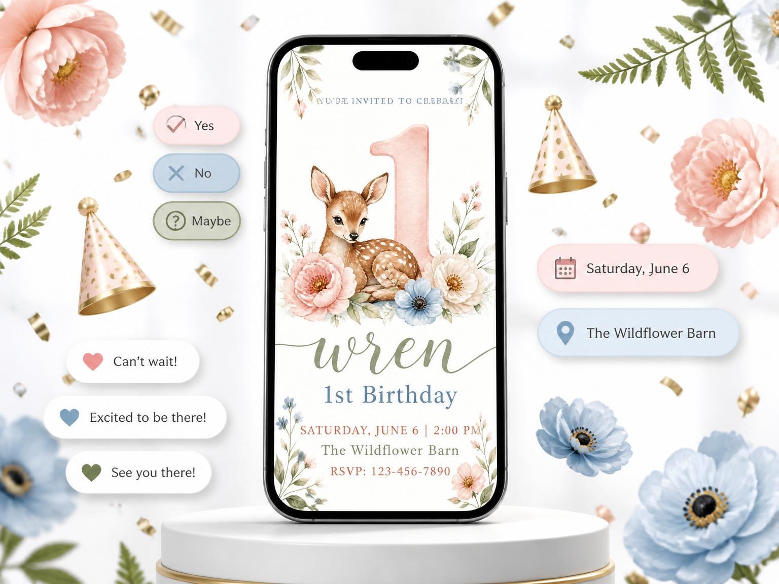 The Watercolor Woodland Deer 1st Birthday invitation on a phone, with guest RSVPs arriving around it