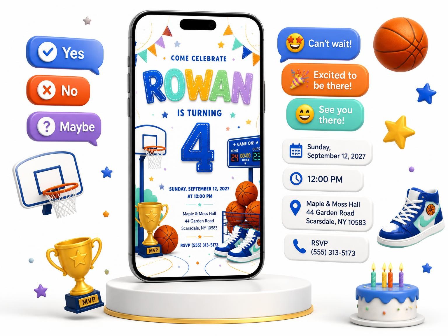 The Stitched Basketball 4th Birthday Invitation invitation on a phone, with guest RSVPs arriving around it