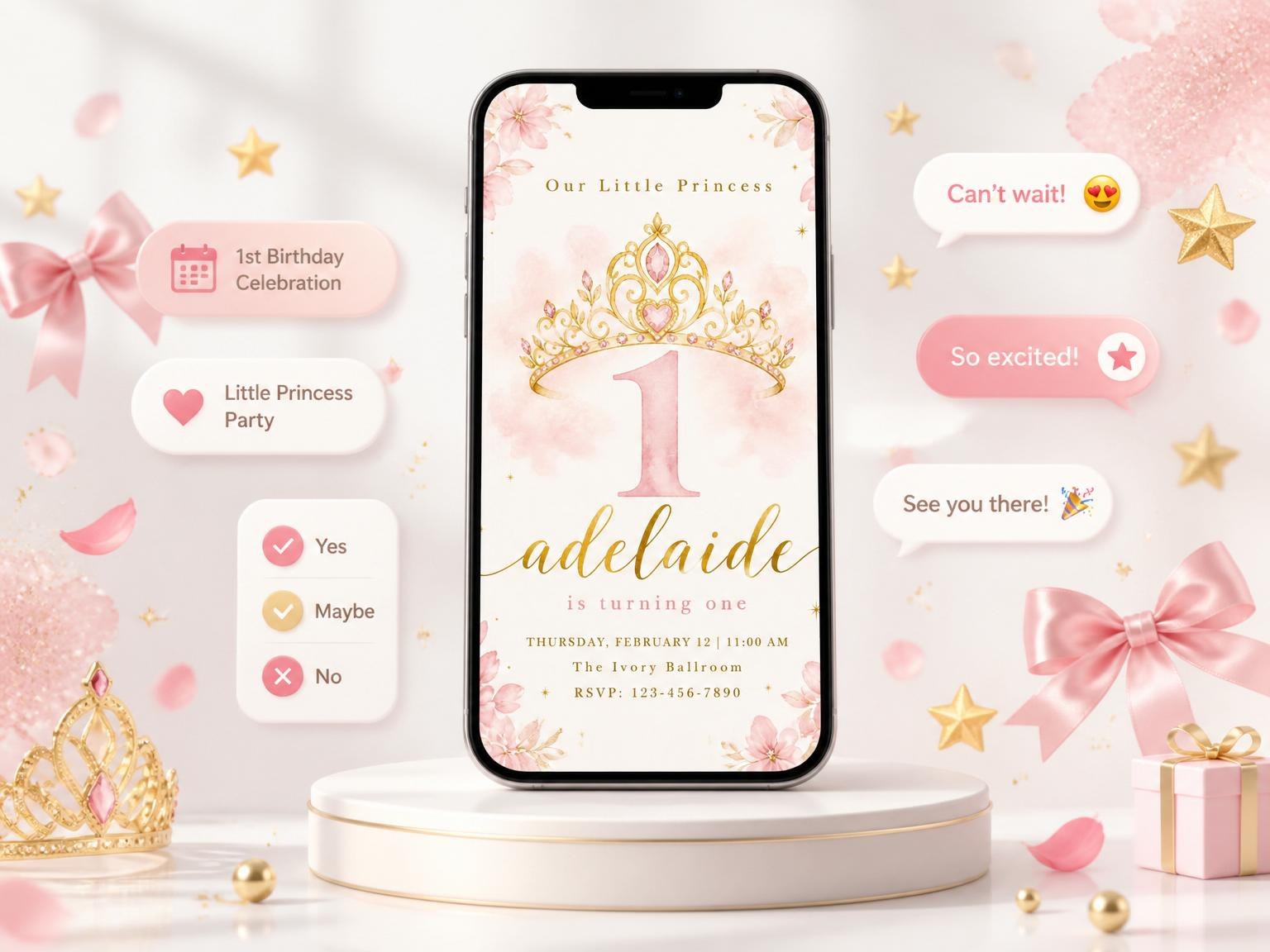The Pink Watercolor Tiara First Birthday invitation on a phone, with guest RSVPs arriving around it