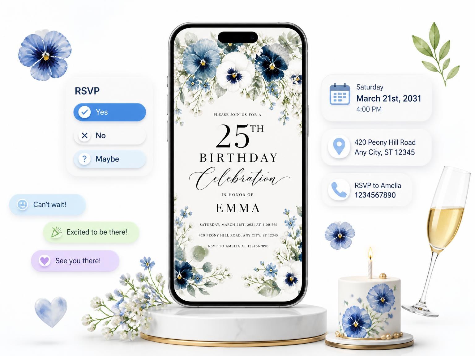 The Dusty Blue Pansy Arch 25th Birthday Invitation invitation on a phone, with guest RSVPs arriving around it