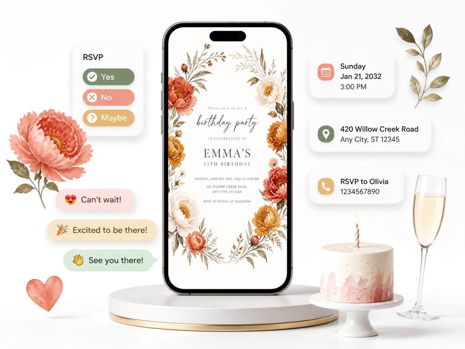 The Terracotta Autumn Floral 25th Birthday Invitation invitation on a phone, with guest RSVPs arriving around it