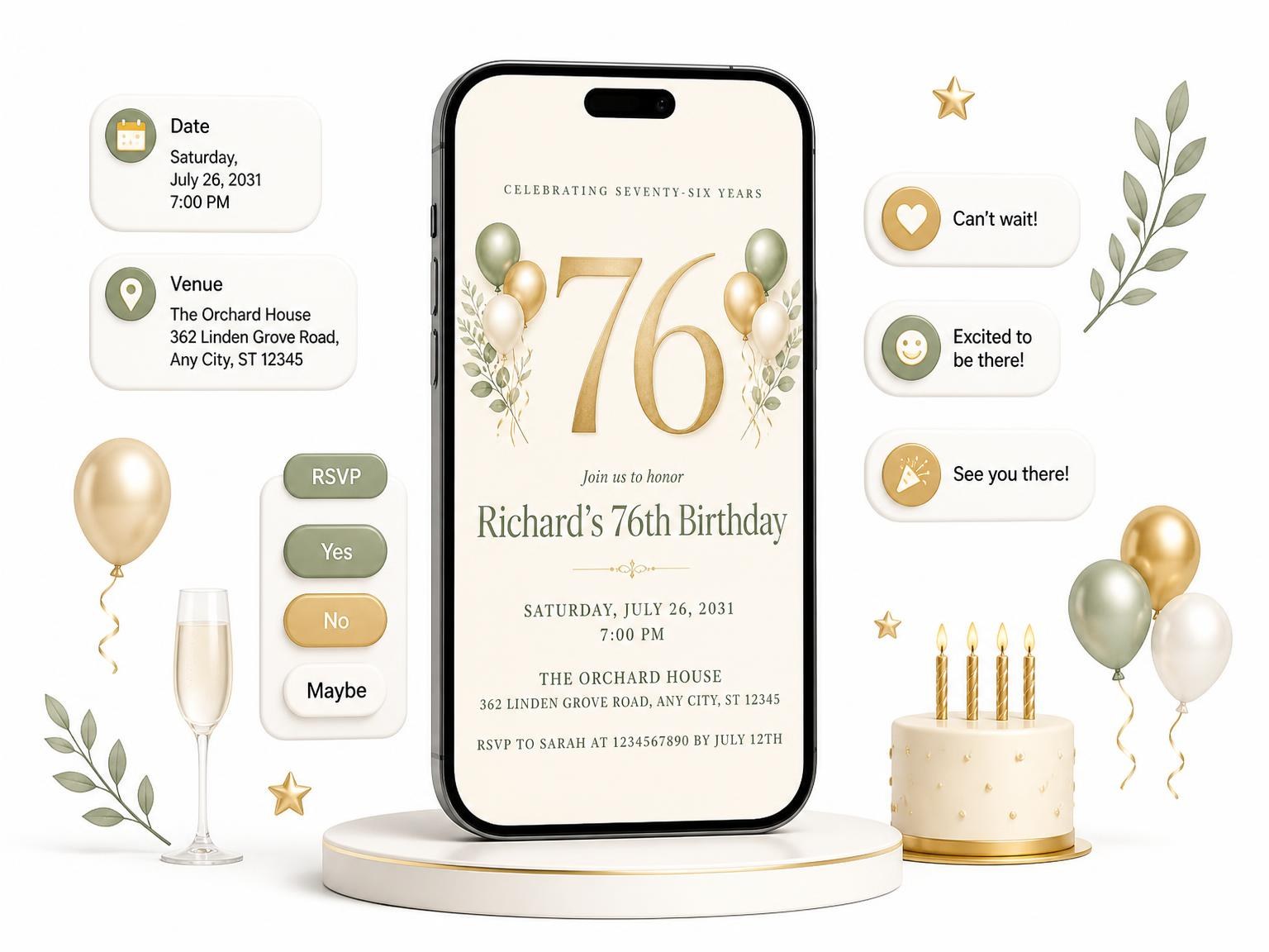 The Sage and Ivory 76th Birthday Invitation invitation on a phone, with guest RSVPs arriving around it