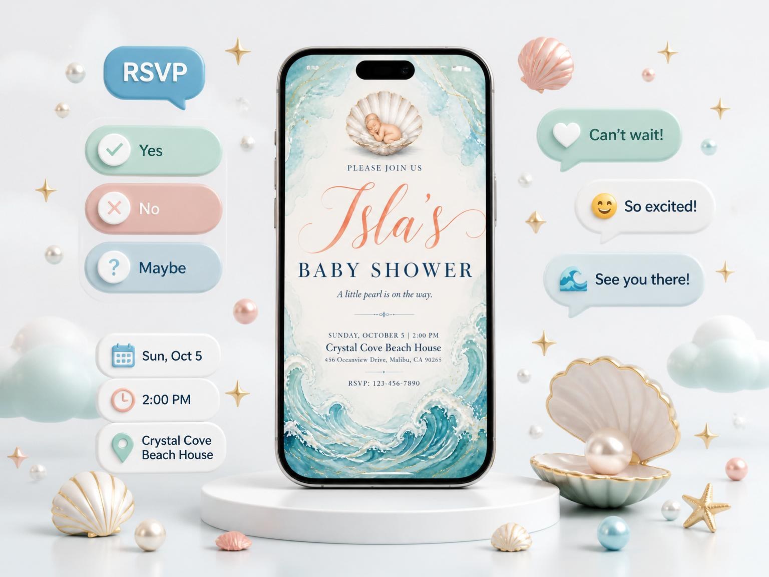The Teal Watercolor Pearl Baby Shower invitation on a phone, with guest RSVPs arriving around it