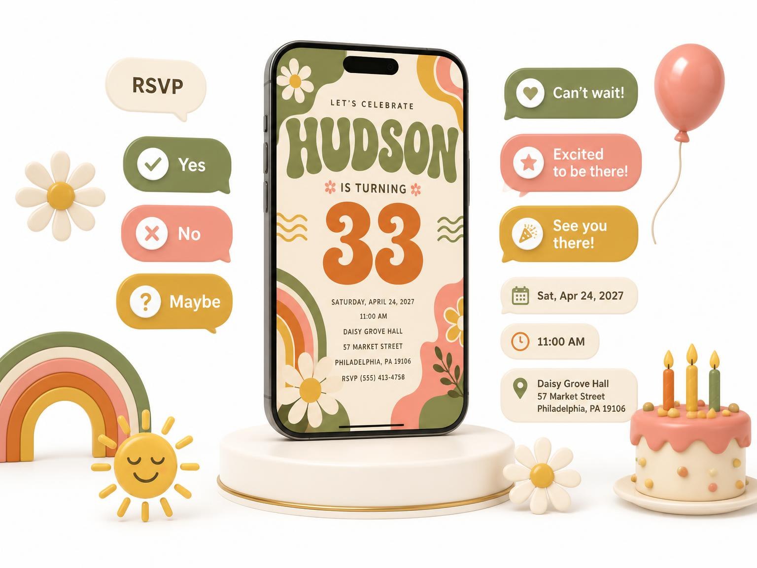 The Groovy Retro 33rd Birthday Invitation invitation on a phone, with guest RSVPs arriving around it