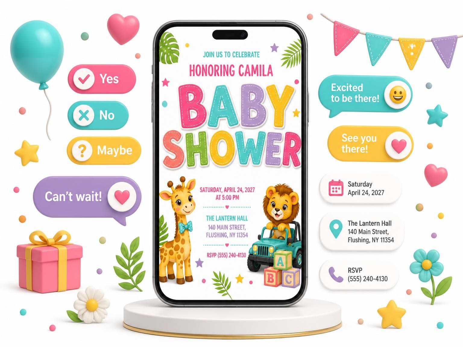The Baby Giraffe Baby Shower Invitation invitation on a phone, with guest RSVPs arriving around it