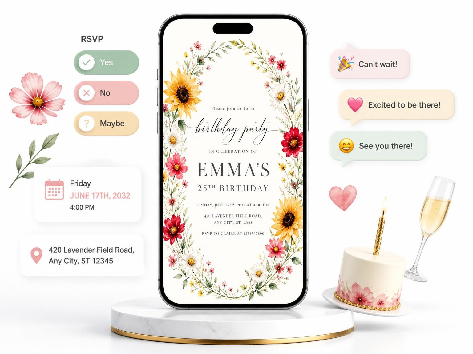 The Sunflower Garden Scarlet 25th Birthday Invitation invitation on a phone, with guest RSVPs arriving around it