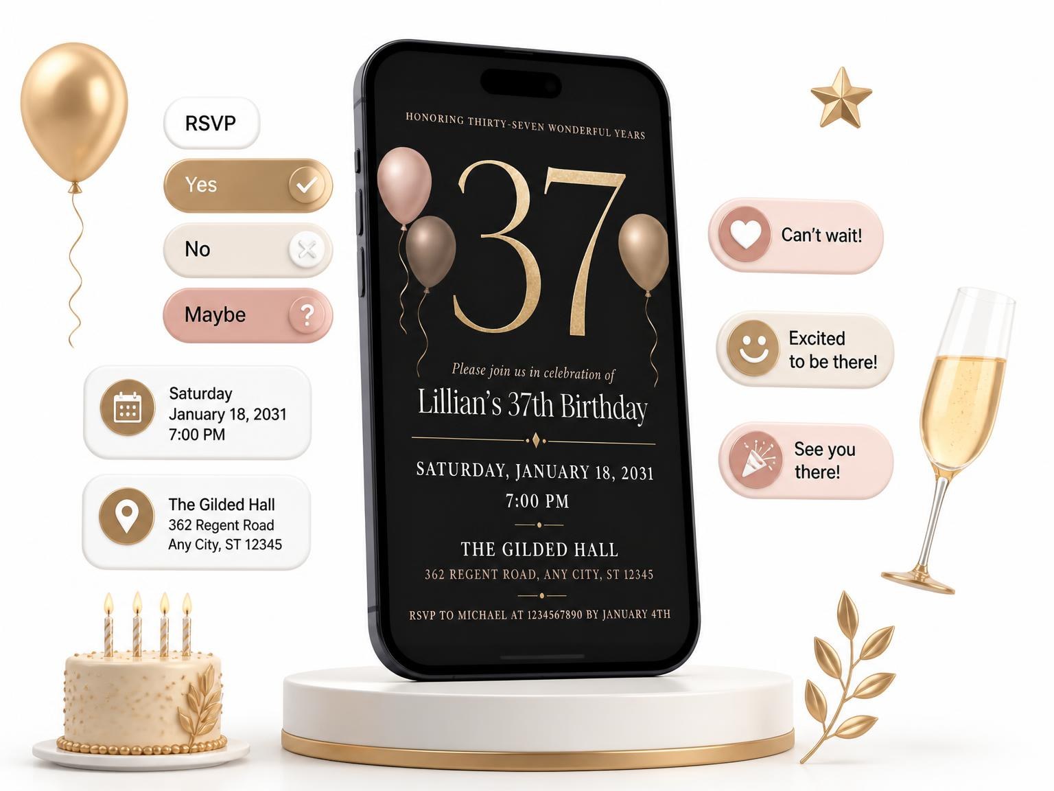 The Charcoal and Blush 37th Birthday Invitation invitation on a phone, with guest RSVPs arriving around it