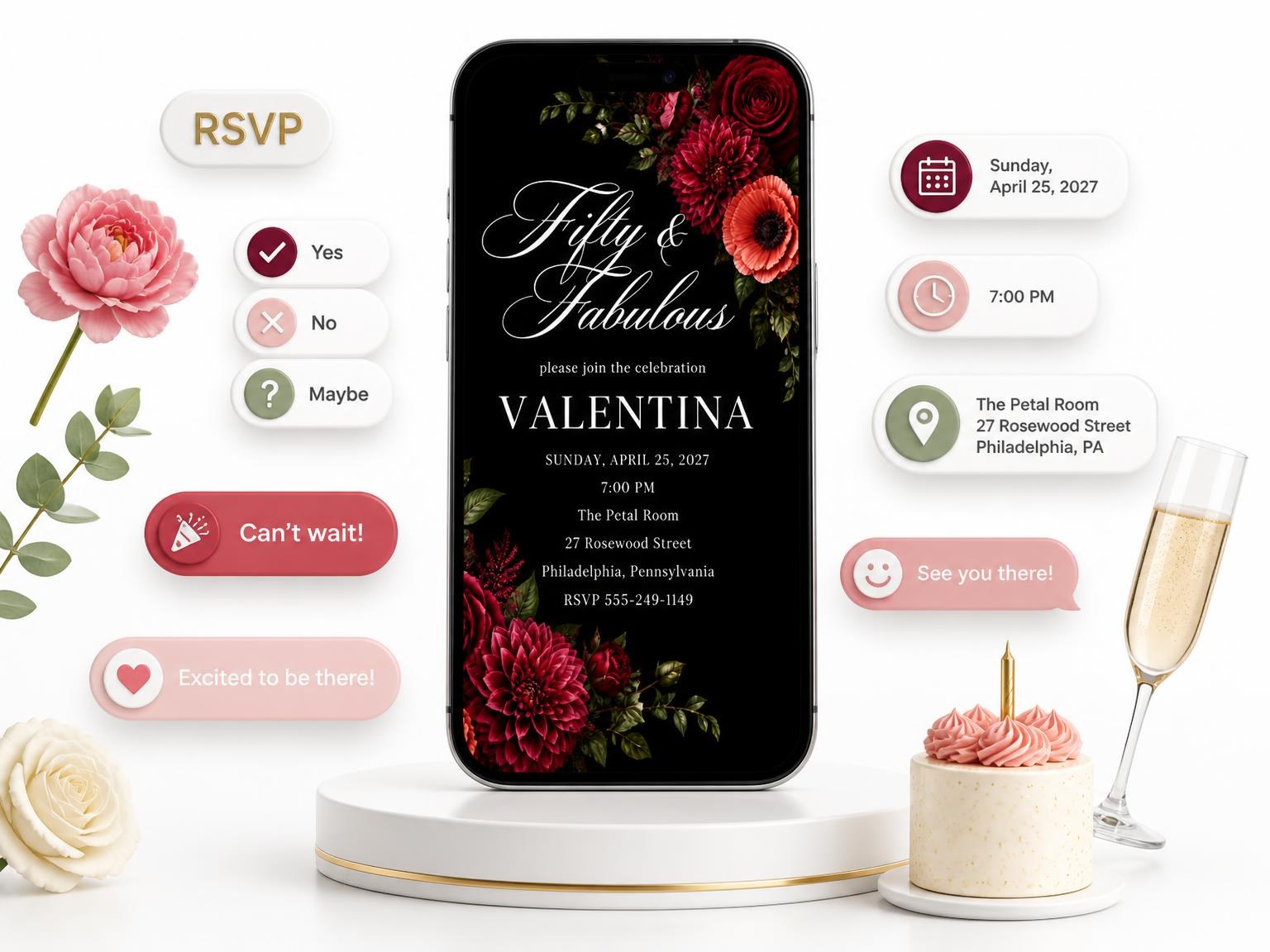 The Black Floral 50th Birthday Invitation invitation on a phone, with guest RSVPs arriving around it