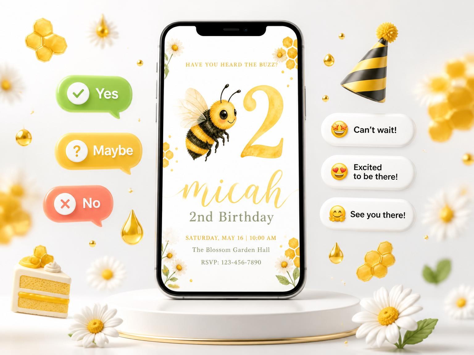 The Watercolor Honeybee 2nd Birthday Invitation invitation on a phone, with guest RSVPs arriving around it