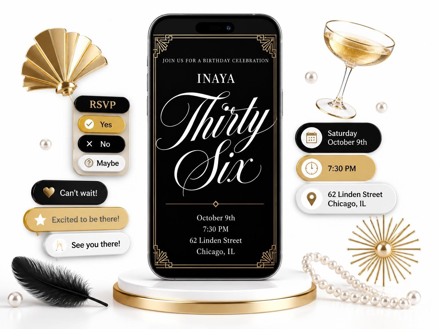 The Art Deco 36th Birthday Invitation invitation on a phone, with guest RSVPs arriving around it