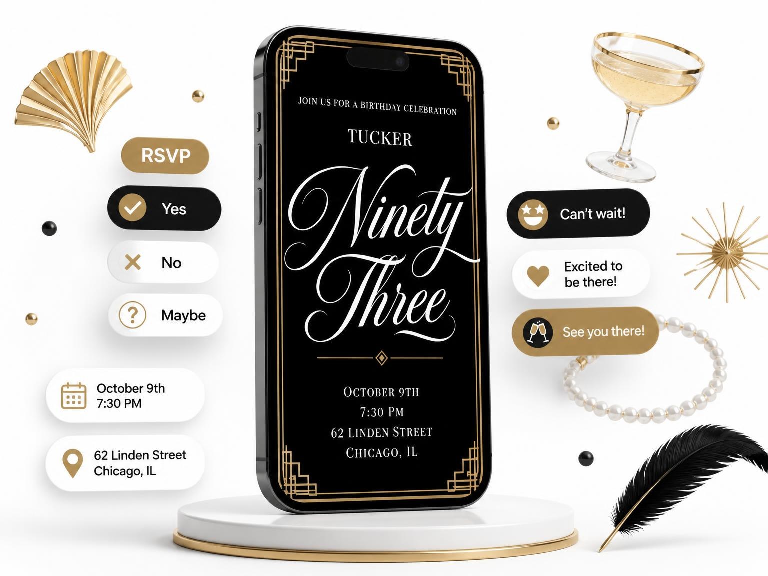 The Art Deco 93rd Birthday Invitation invitation on a phone, with guest RSVPs arriving around it
