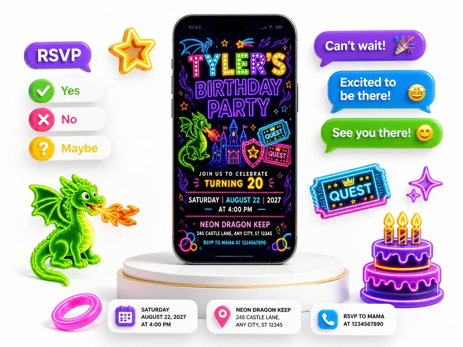 The Neon Dragon 20th Birthday Invitation invitation on a phone, with guest RSVPs arriving around it