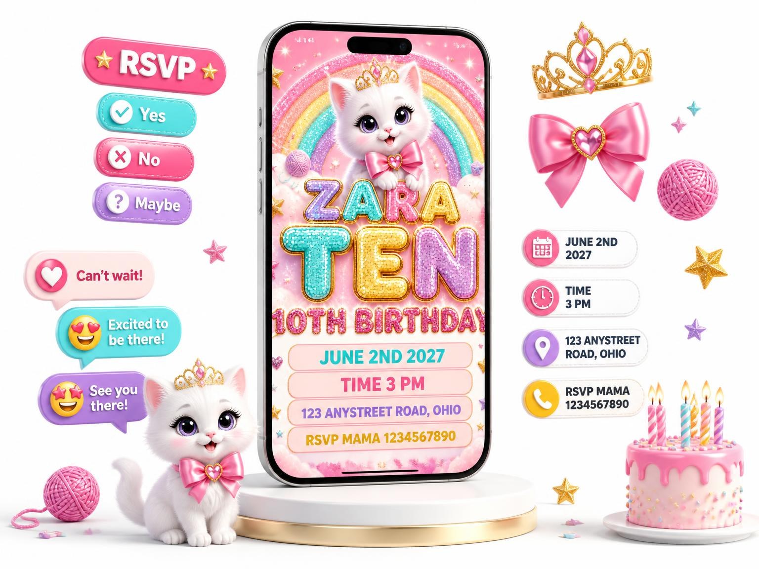 The Glitter Kitty Cat 10th Birthday Invitation invitation on a phone, with guest RSVPs arriving around it
